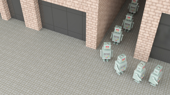 Group of robots walking through passageway in a row