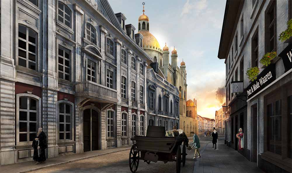 Über die mobile VR-Brille erhaschen Teilnehmer unter anderem einen Blick auf die Synagoge in der Glockengasse um 1860. | Bild : Timeride