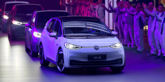 New cars drive during a ceremony marking start of the production of a new electric Volkswagen model ID.3 in Zwickau, Germany,
