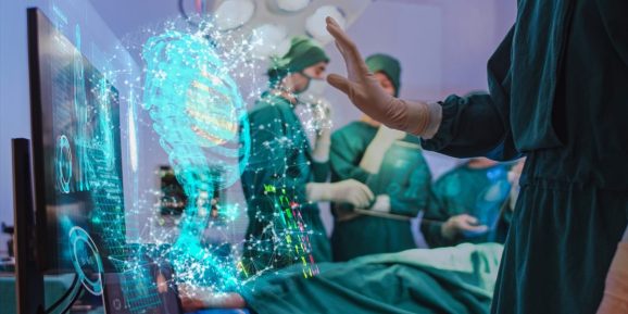 Doctor using hologram modern virtual screen interface Respiratory System in the operating room, innovative and future of medical and healthcare technology