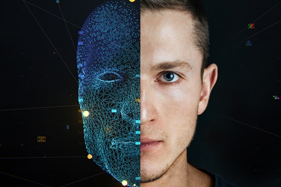 AI technology analyzing half of a real human face