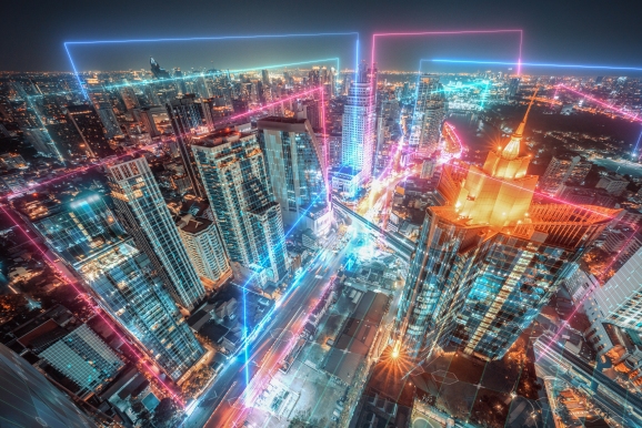 metaverse Night cityscape with Neon light and Futuristic digital design, Smart city and Metaverses concept, data network connection technology concept