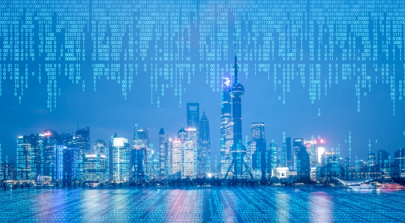 cityscape with binary code