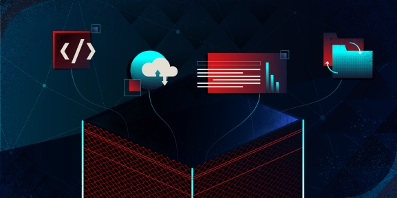 illustrated image showing open collaborative technologies like code, cloud and a secure info and file graphic