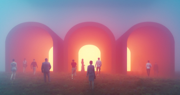 Retail metaverse concept: People walking towards mysterious tunnels.