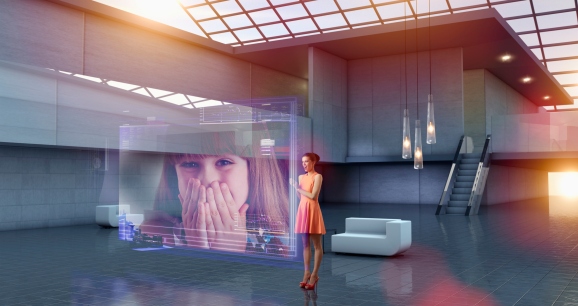 Person using hologram computer screen for video call and interactive augmented reality