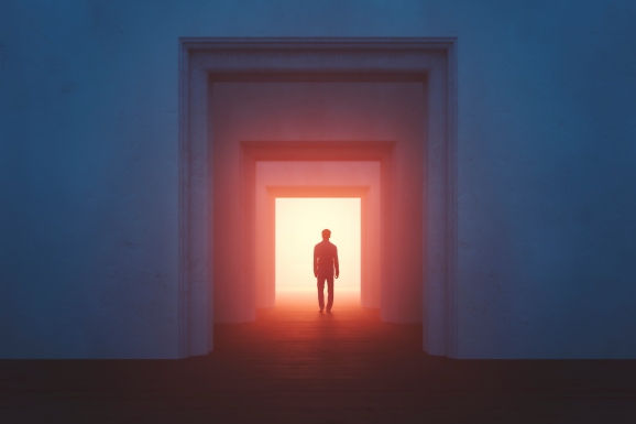 Old rooms with sleepwalker walking into mysterious passage, metaverse house concept.