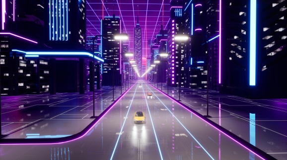 Metaverse city with transport car, 3d render