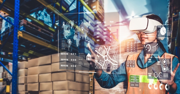 Future virtual reality technology for innovative VR warehouse management . Concept of smart technology for industrial revolution and automated logistic control .