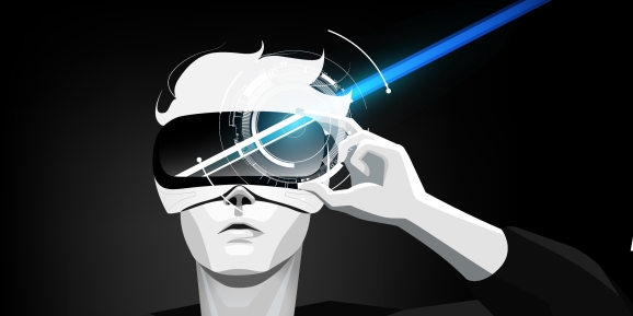 Concept metaverse illustration: Man holding virtual reality headset