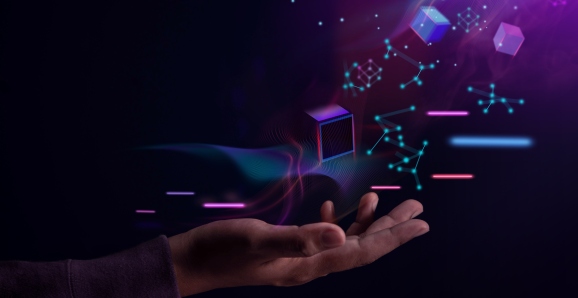 Metaverse, Web3 and Blockchain Technology Concepts. Opened Hand Levitating Virtual Objects. Futuristic Tone