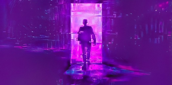 Entrance to metaverse virtual world with cyberpunk neon ligthing color scheme