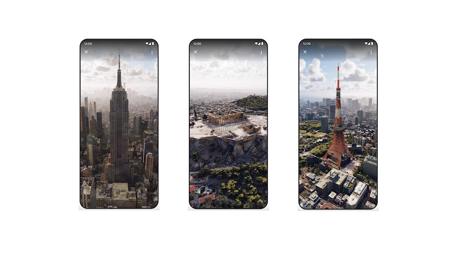 Drei Smartphones zeigen realistische 3D-Ansichten von Sehenswürdigkeiten.