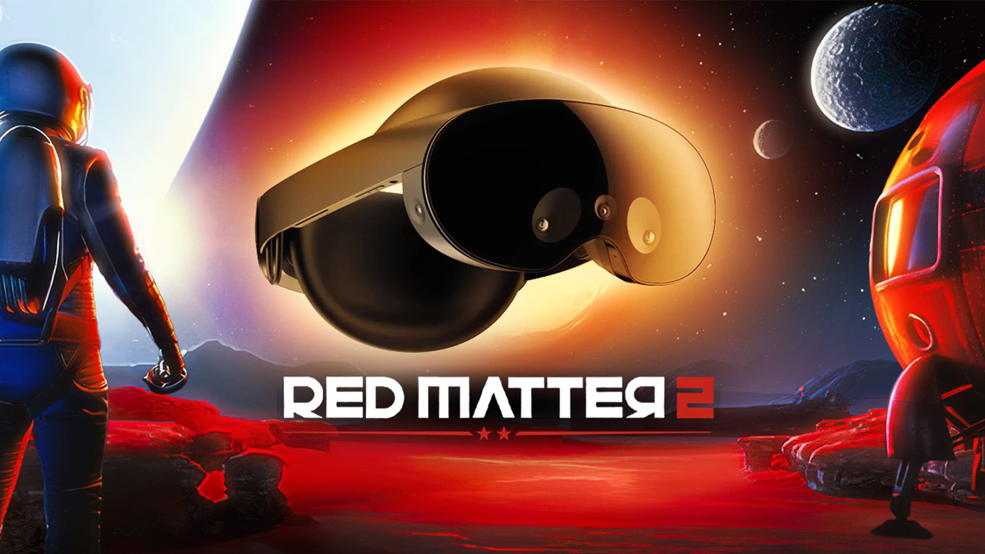 Artwork aus Redmatter mit Astronaut und Raumkapsel, in der Bildmitte ist eine Meta Quest Pro eingefügt.