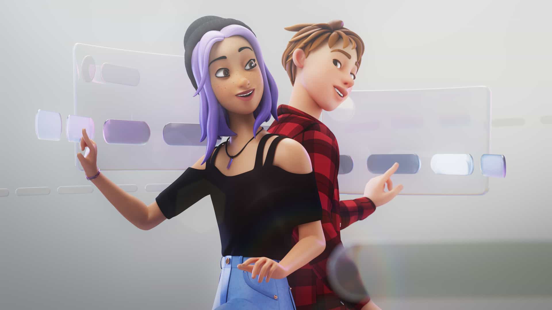Mädchen und Junge im Comic-Stil nutzen ein AR-Interface mit ihren Händen.