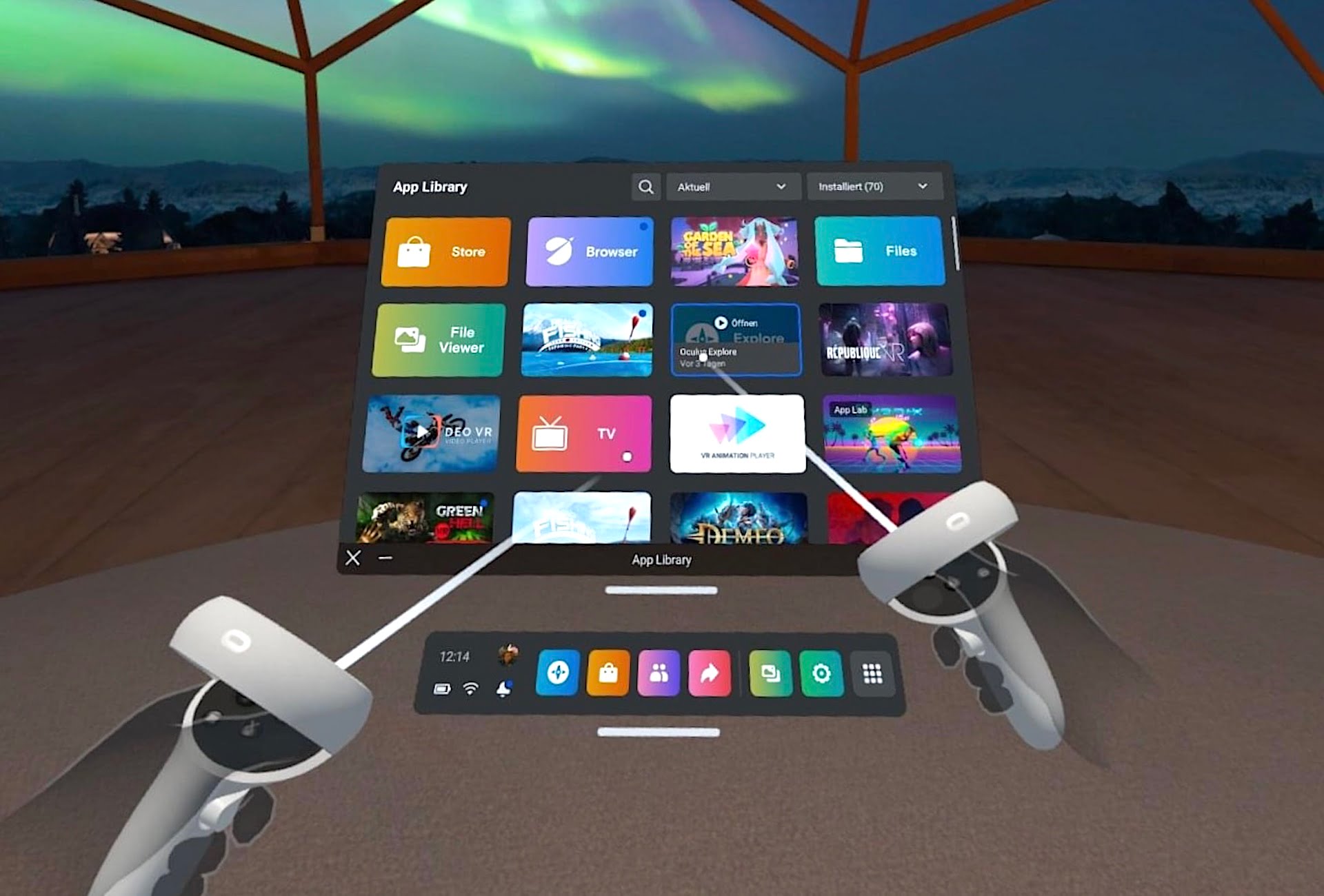 Virtuelle Touch-Controller zeigen auf die App-Bibliothek.