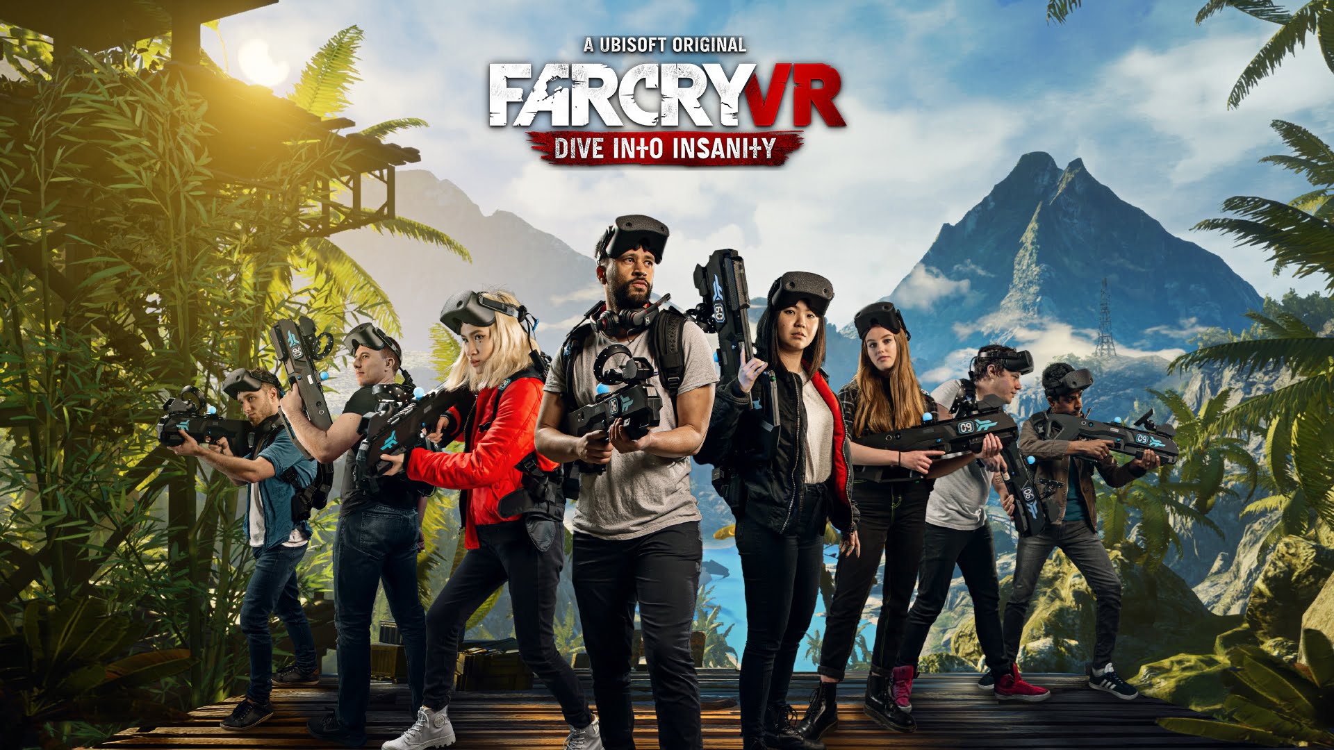 Gruppe von vollständig ausgerüsteten VR-Arcade-Besuchern stehen in einer tropischen Far-Cry-VR-Landschaft.
