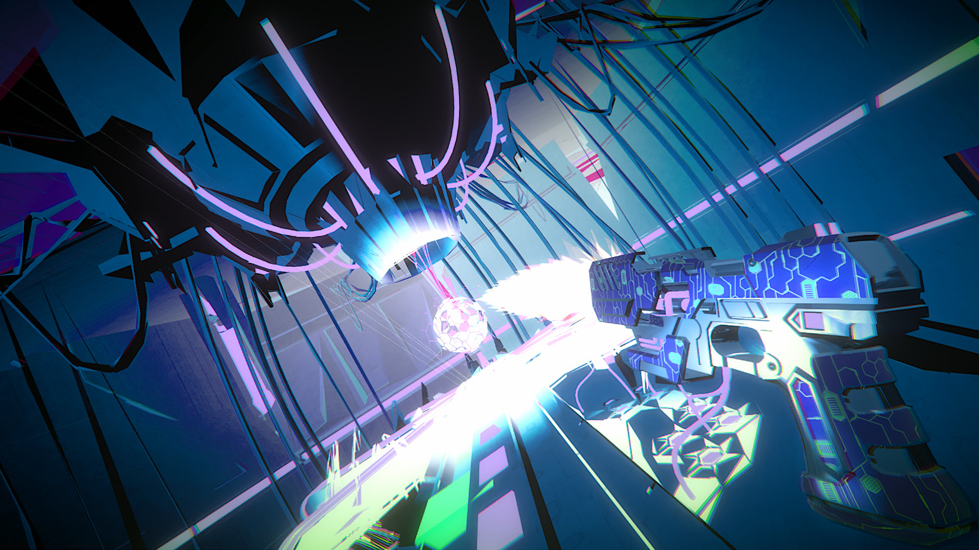 Ein Screenshot aus Pistol Whip zeigt eine Waffe und einen abstrakten Cyberspace-Raum.