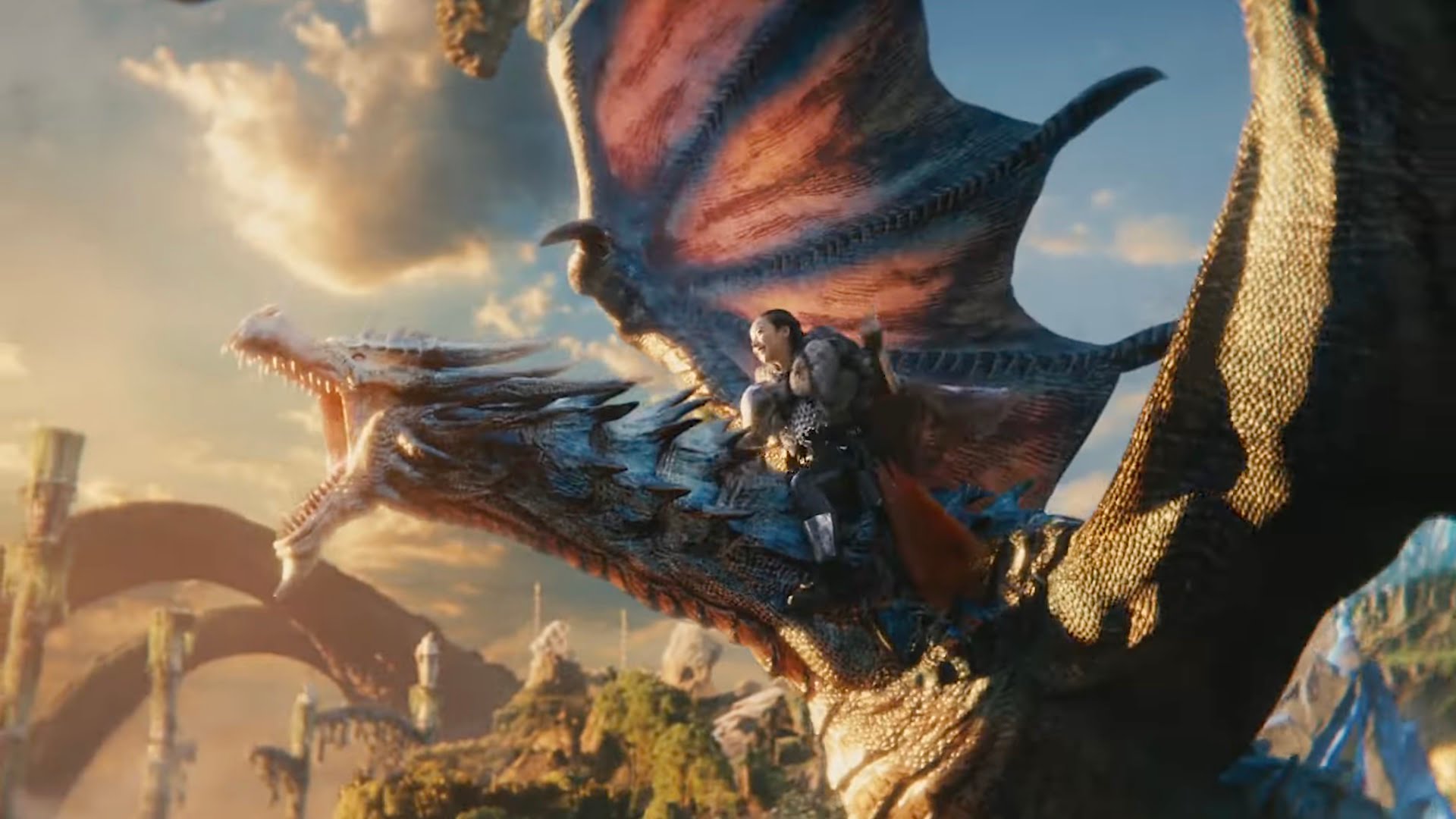 Eine junge Japanerin mit Ritterrüstung sitzt auf einem fliegenden Drachen. Im Hintergrund eine Fantasy-Landschaft.