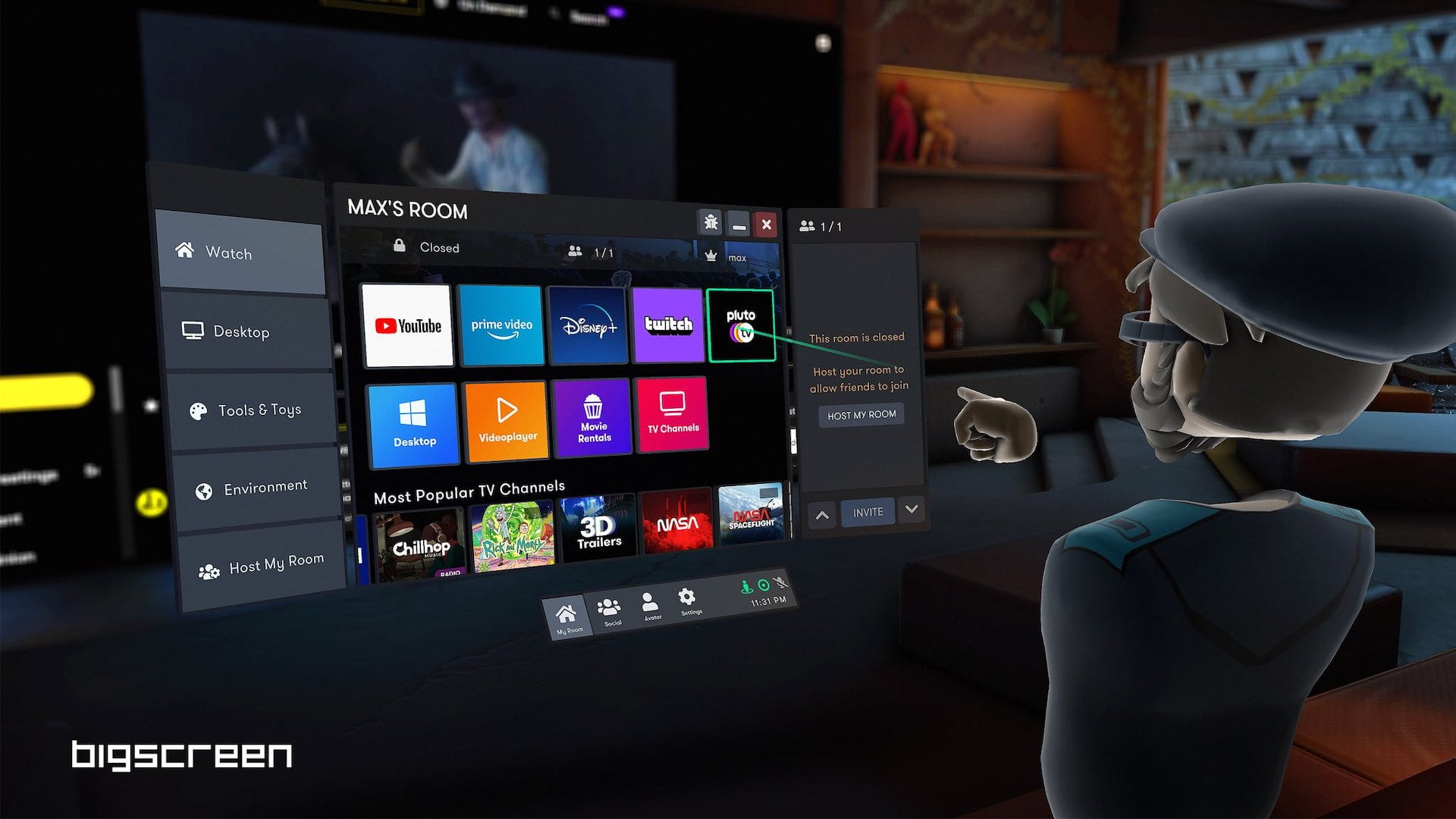 Ein Bigscreen-Avatar wählt per Laserpointer einen Streaming-Dienst aus.