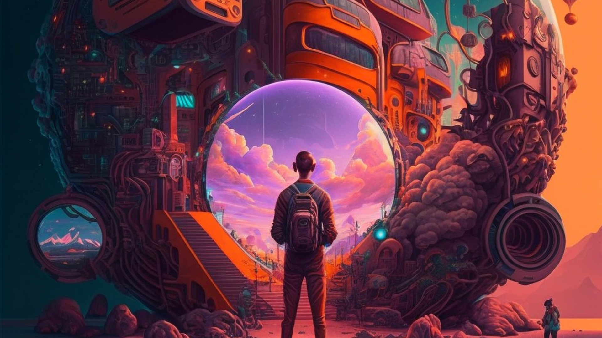 Jemand steht im Metaversum vor einem großen runden Portal in eine Sci-Fi-Welt mit futuristischen Gebäudenin dem wieder ein Portal zusehen ist