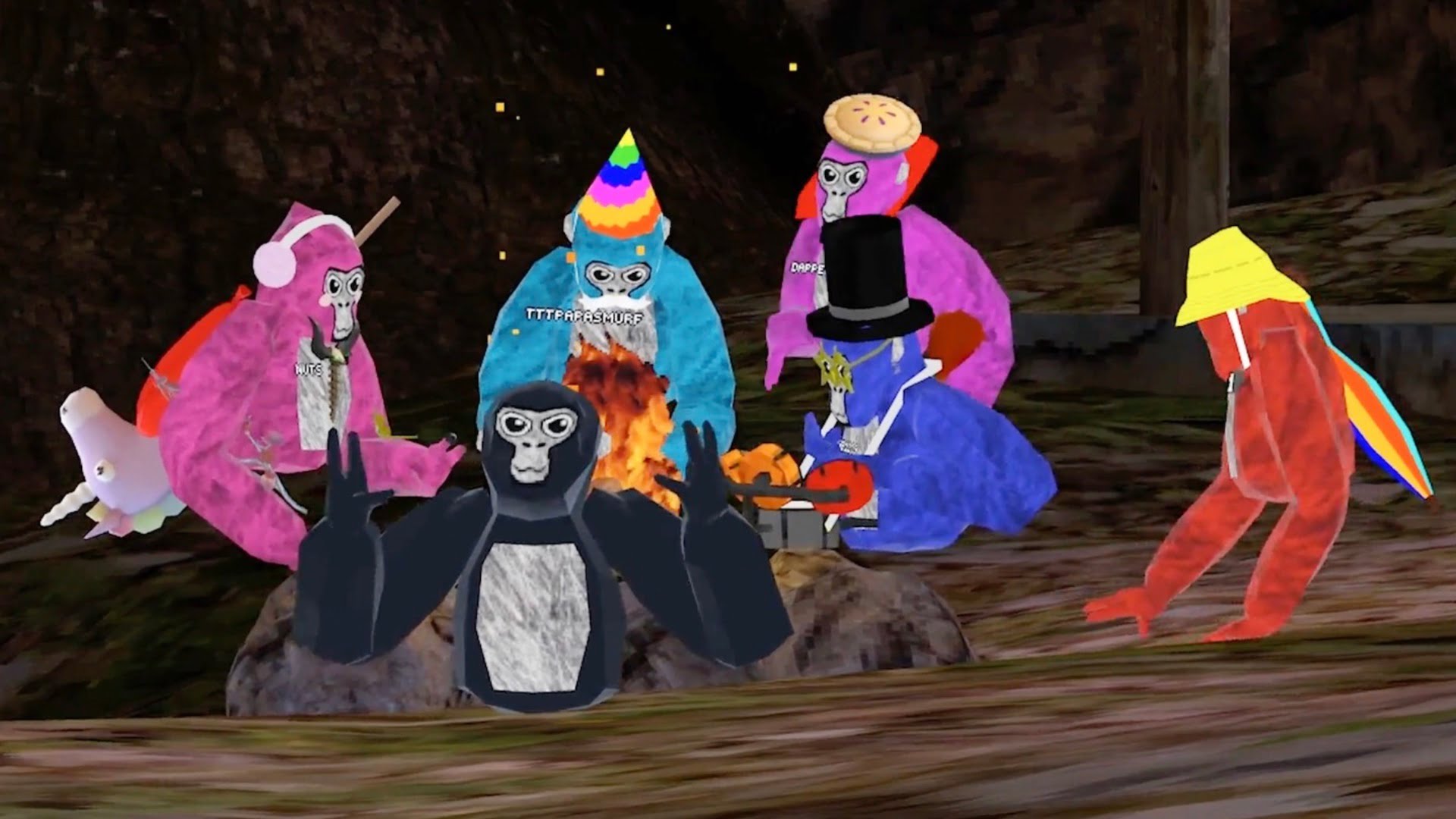 Eine Gruppe bunter Gorilla-Avatare haben sich um ein Feuer versammelt.