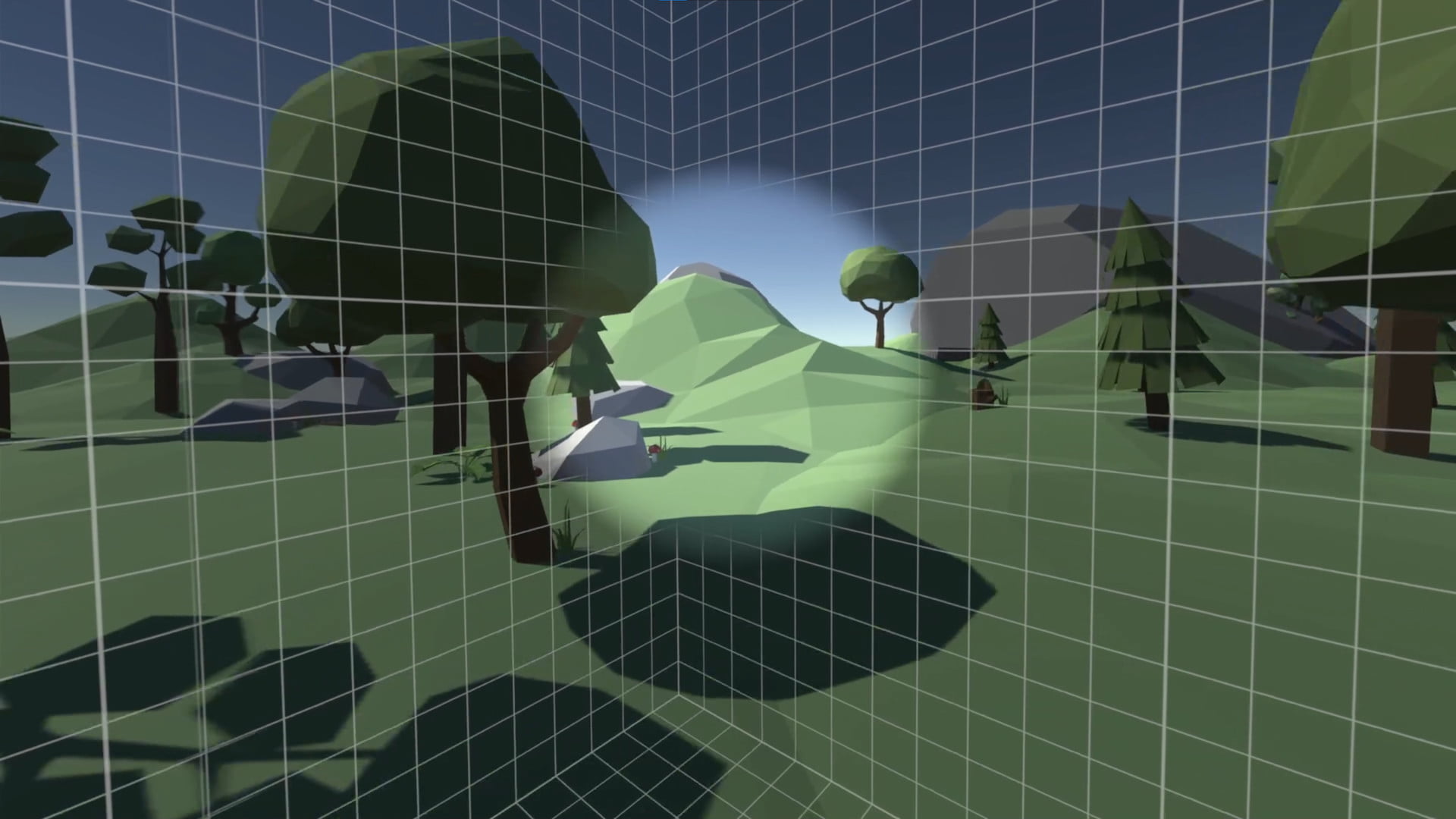 OVR Locomotion Effect verengt die Sicht auf eine digitale Naturlandschaft.