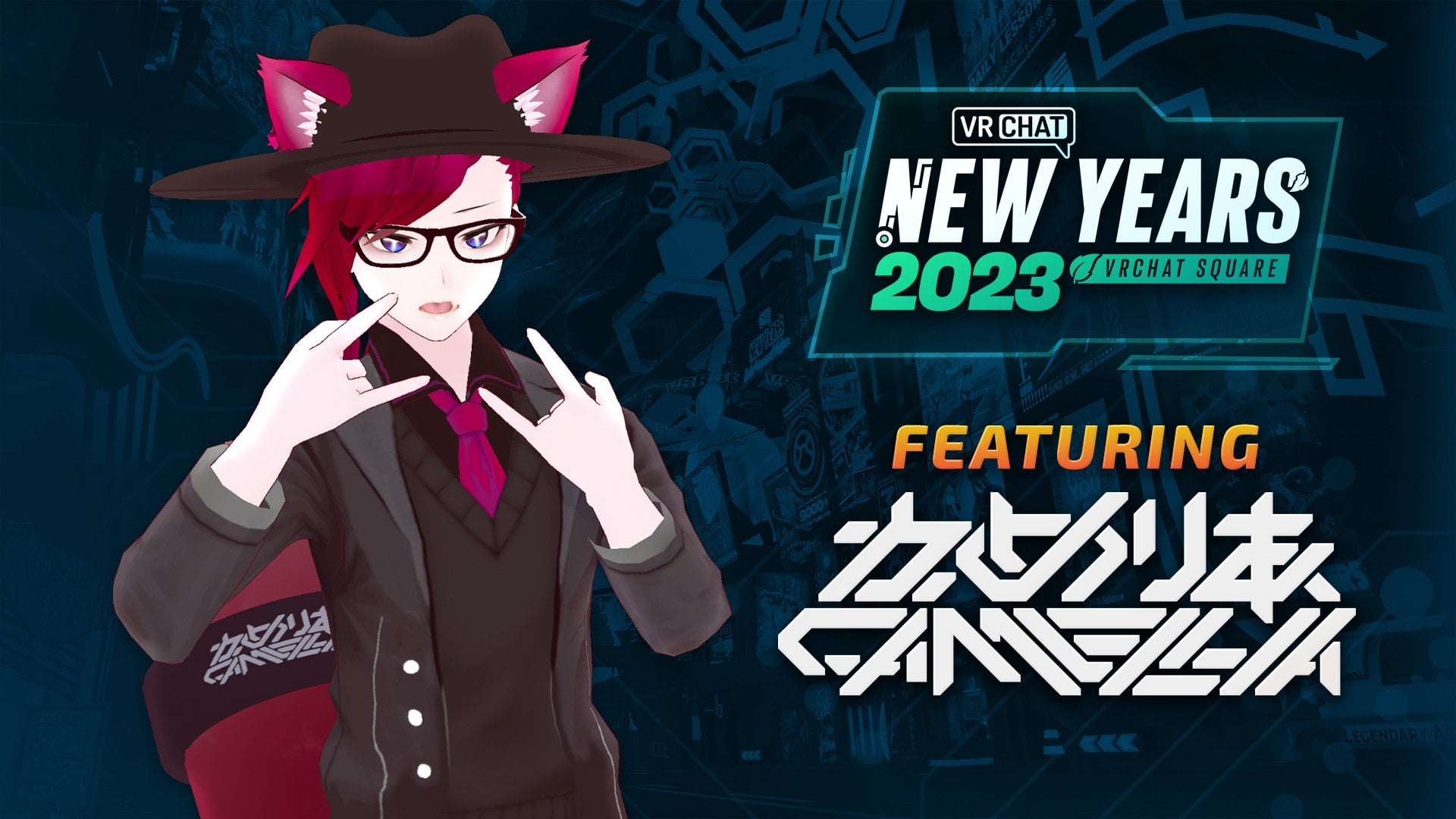 Musik-Act Camellia posiert mit Teufelsklauen vorm Logo der virtuellen Feier VRChat New Years Eve.