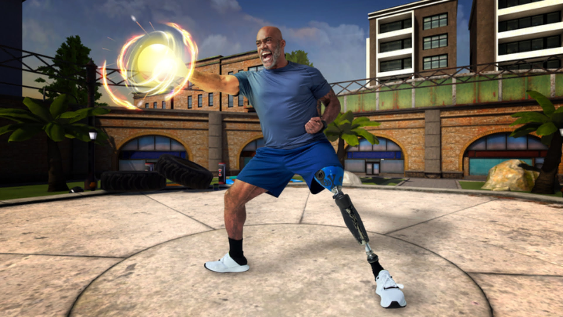 Ein Fitnesstrainer führt einen Martial-Arts-Schlag auf ein virtuelles Objekt in einer virtuellen Umgebung durch, die einem Hinterhof ähnelt.