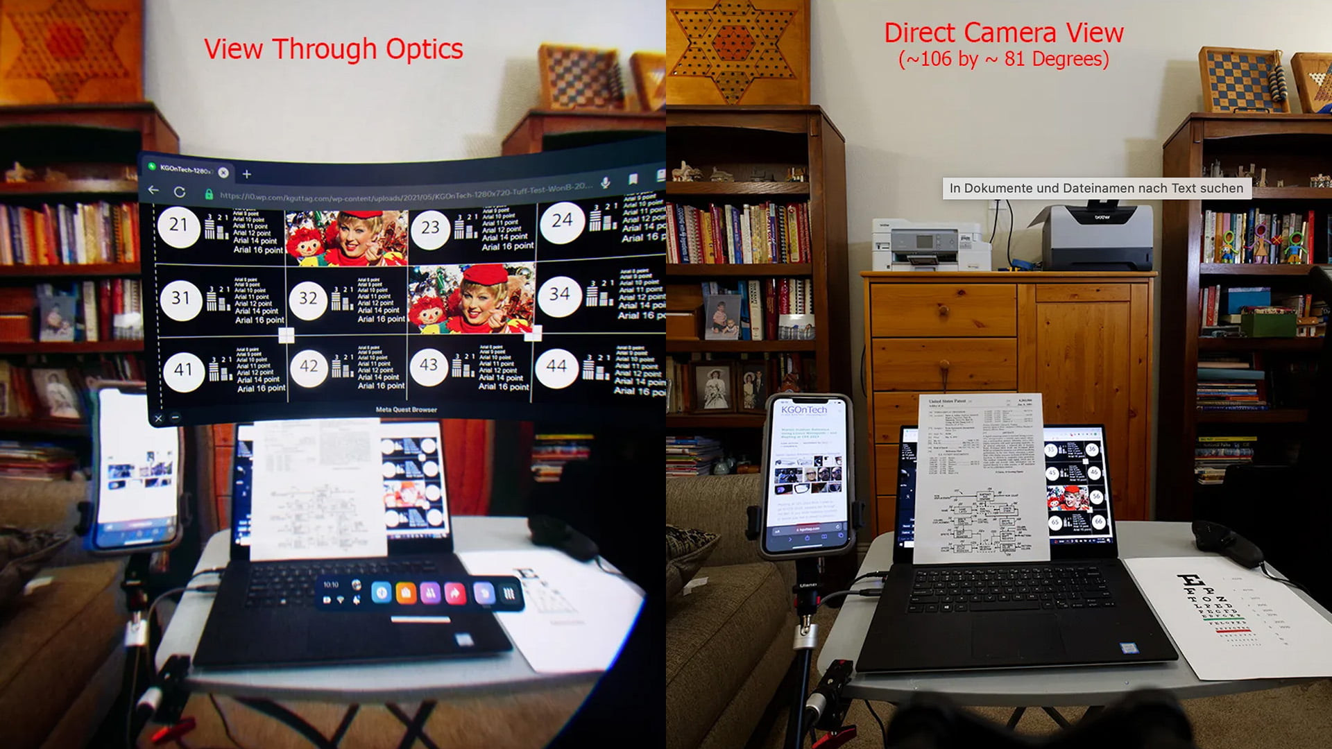 Bildvergleich: Ein Zimmer mit Tisch und Laptop durch Meta Quest Pro gesehen und von einer Canon R5 aufgenommen.