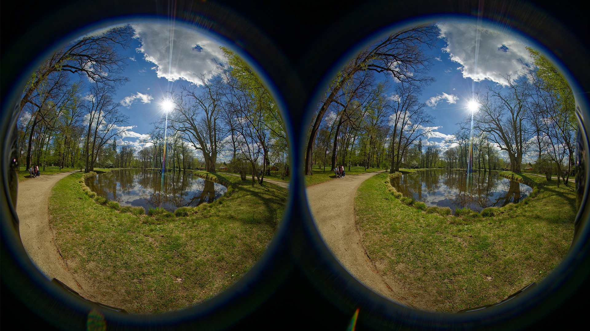Stereobild, das einen Park mit Teich zeigt.