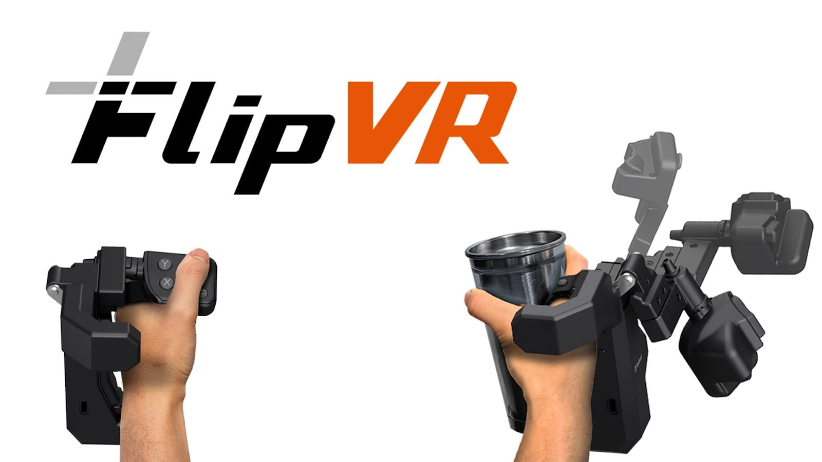 Ein Foto des wandelbaren FlipVR-Controllers in zwei Stellungen..