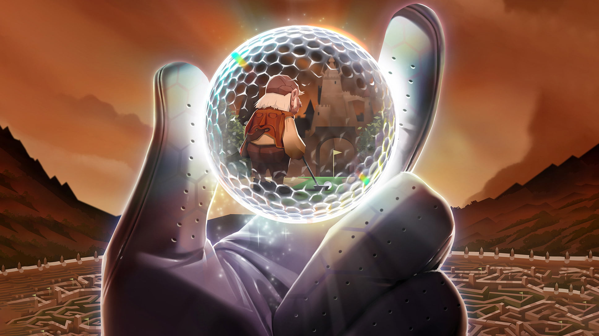 Eine Hand hält einen magischen Golfball.